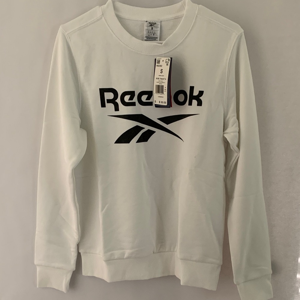 Women’s Reebok White Sweatshirt with Black Logo. Sz S NWT
